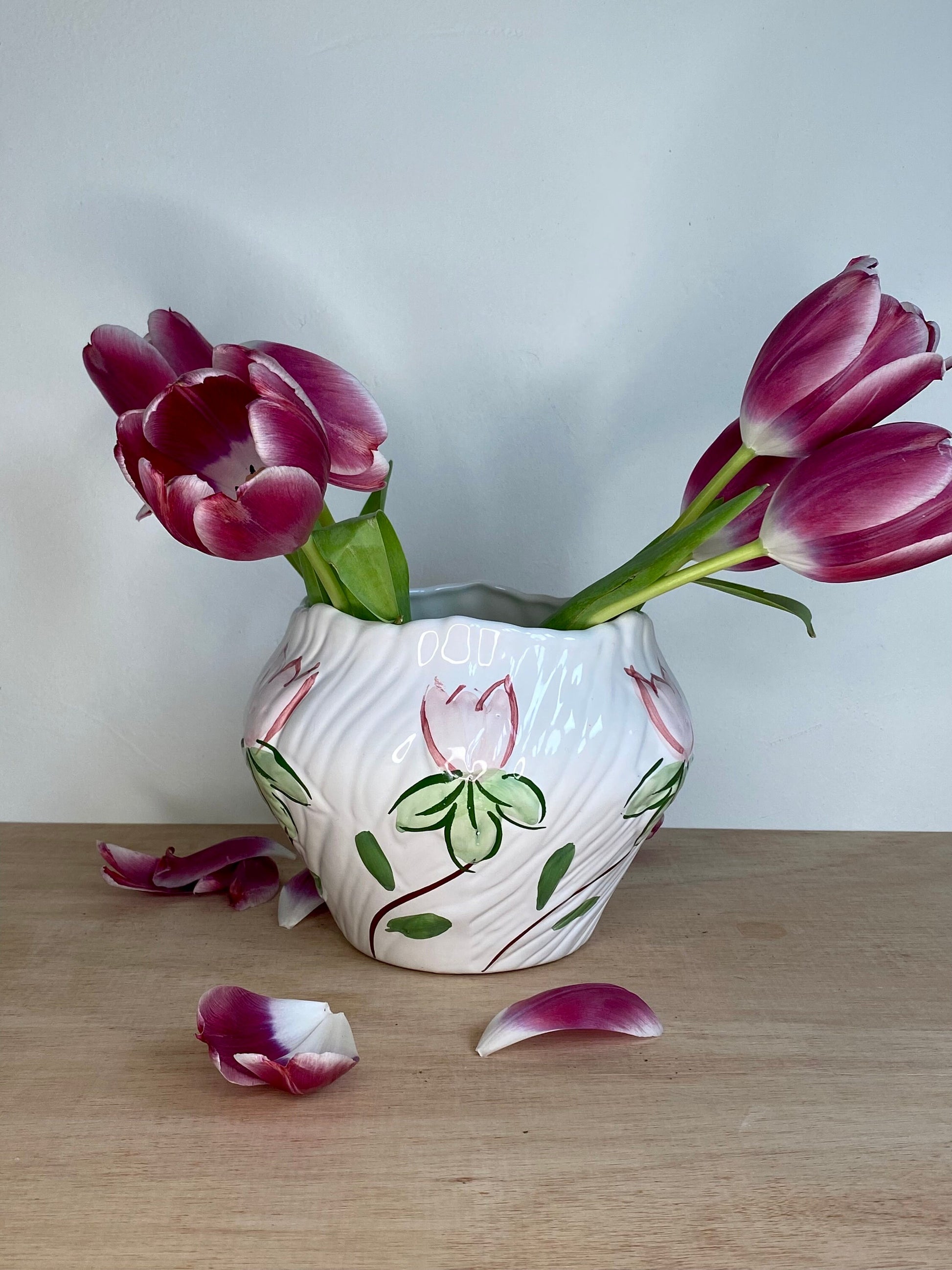 Vintage Ceramic Vase – Hand-Painted Pink Tulips – Fluted White Glaze – Cottageco - The Estate