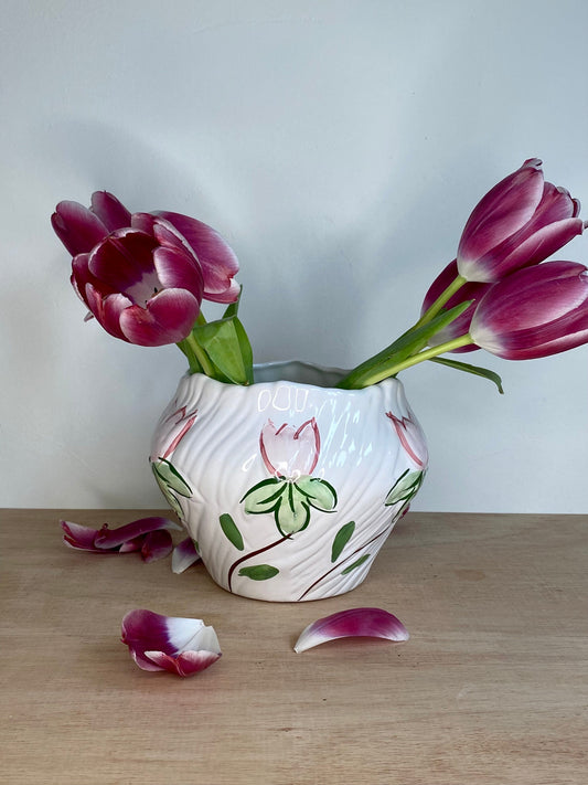 Vintage Ceramic Vase – Hand-Painted Pink Tulips – Fluted White Glaze – Cottageco - The Estate