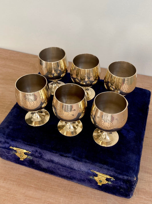 Vintage Brass Goblets (Set of 6) with Velvet Case – Etched Liqueur Cups – Mid-Ce - The Estate
