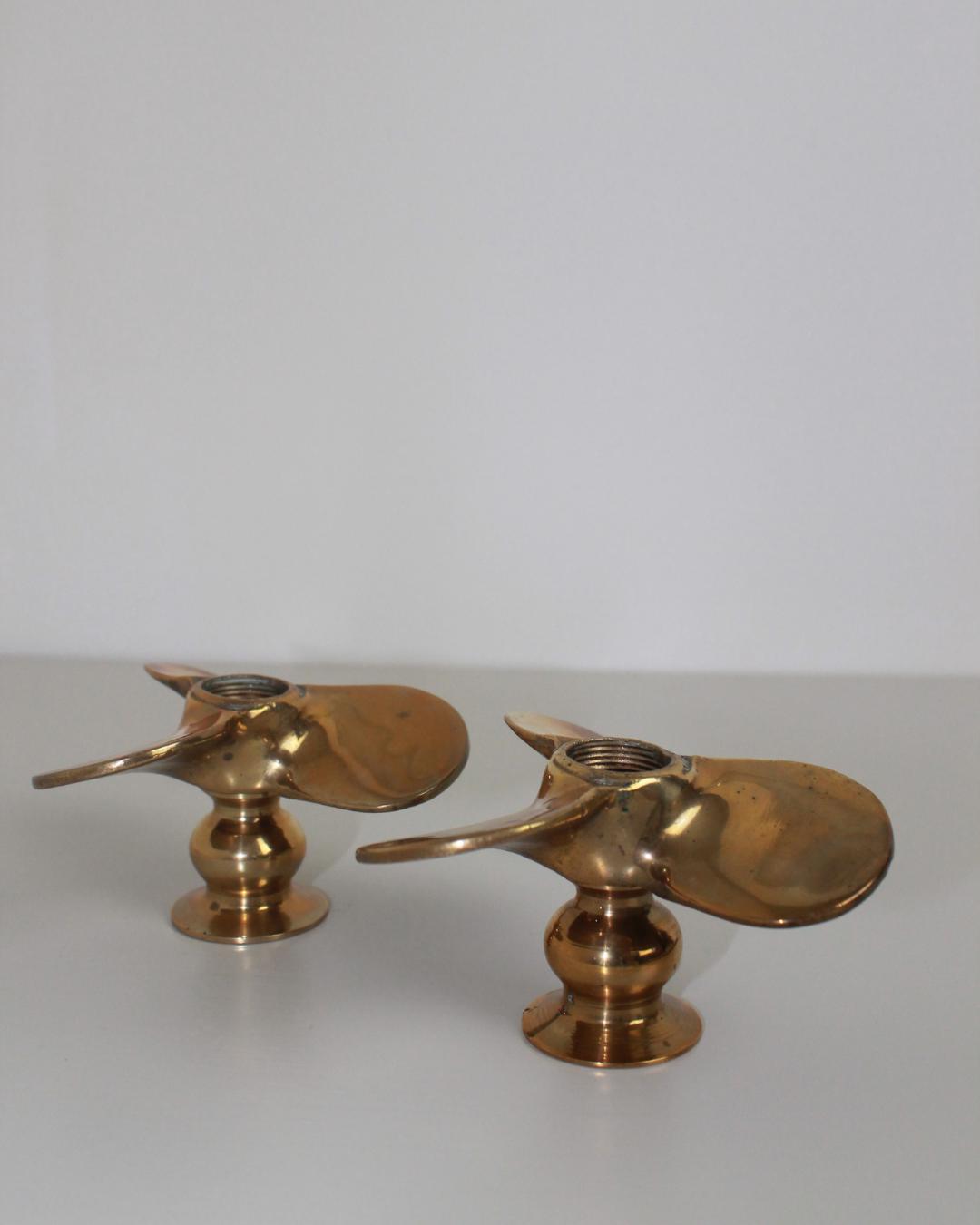 WWI Brass Propeller Candlestick Holders – Trench Art Pair, Sculptural Nautical Form - The Estate