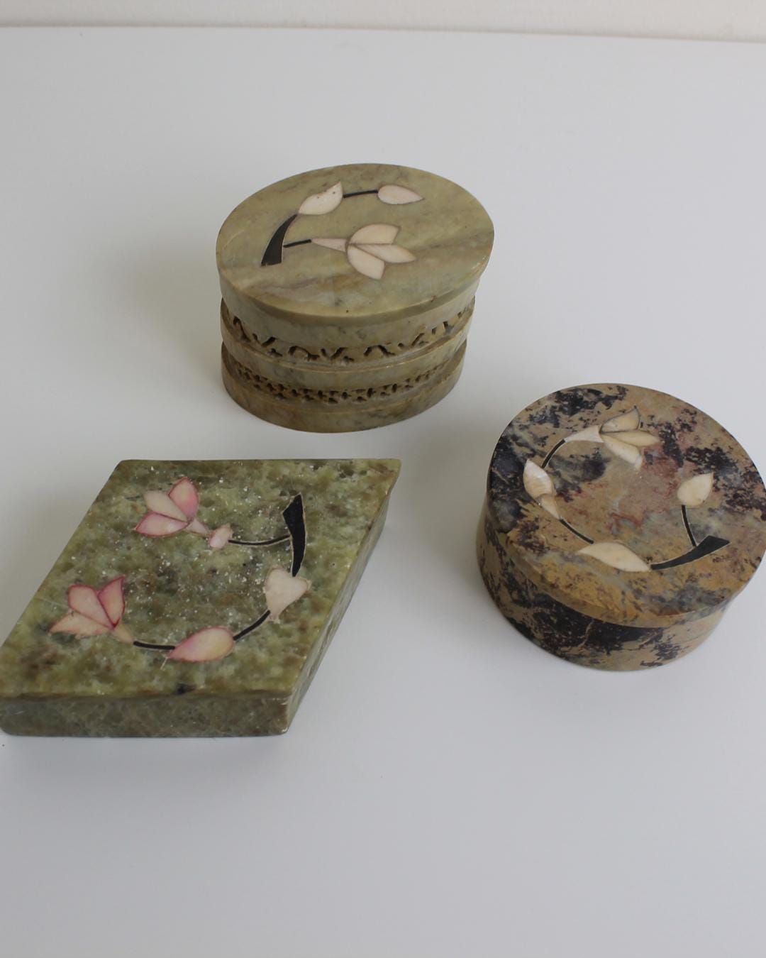 Set of 3 Indian Soapstone Trinket Boxes with Floral Inlay - The Estate