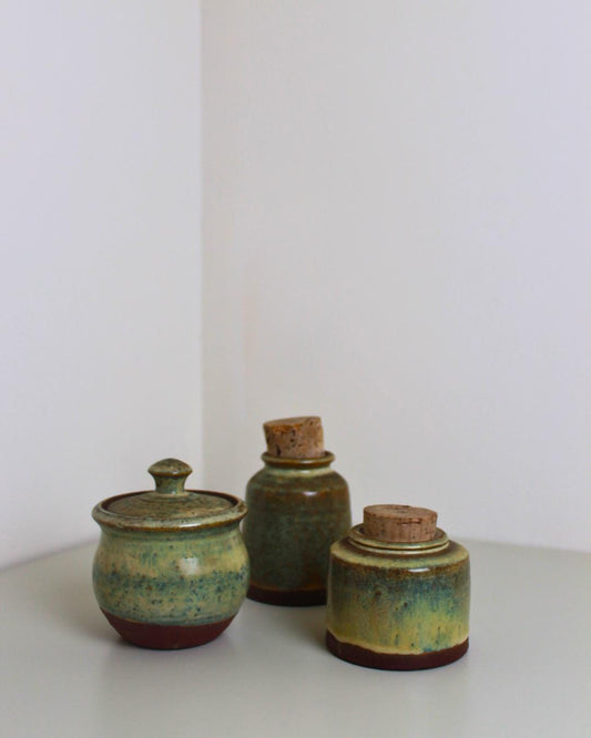 Set of 3 Studio Pottery Jars with Cork & Ceramic Lids, Speckled Green Glaze, 1970s–90s - The Estate