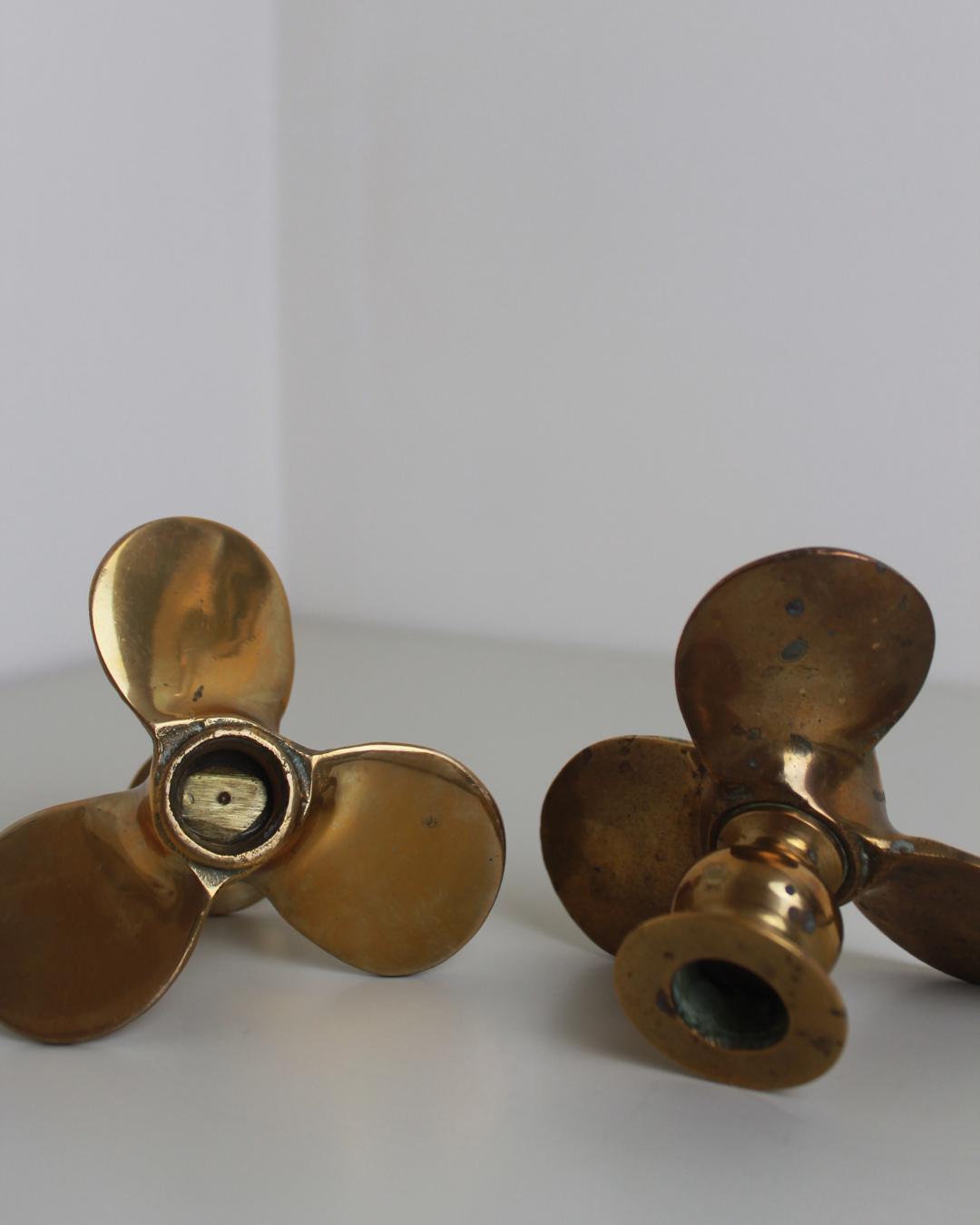 WWI Brass Propeller Candlestick Holders – Trench Art Pair, Sculptural Nautical Form - The Estate