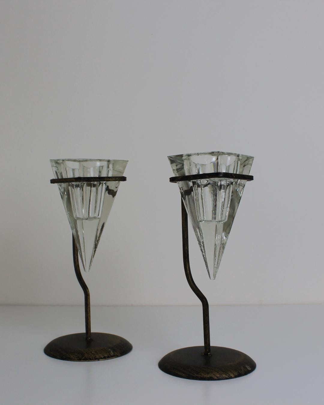 Pair of Conical Glass & Metal Candle Holders – Modernist Geometric Design - The Estate