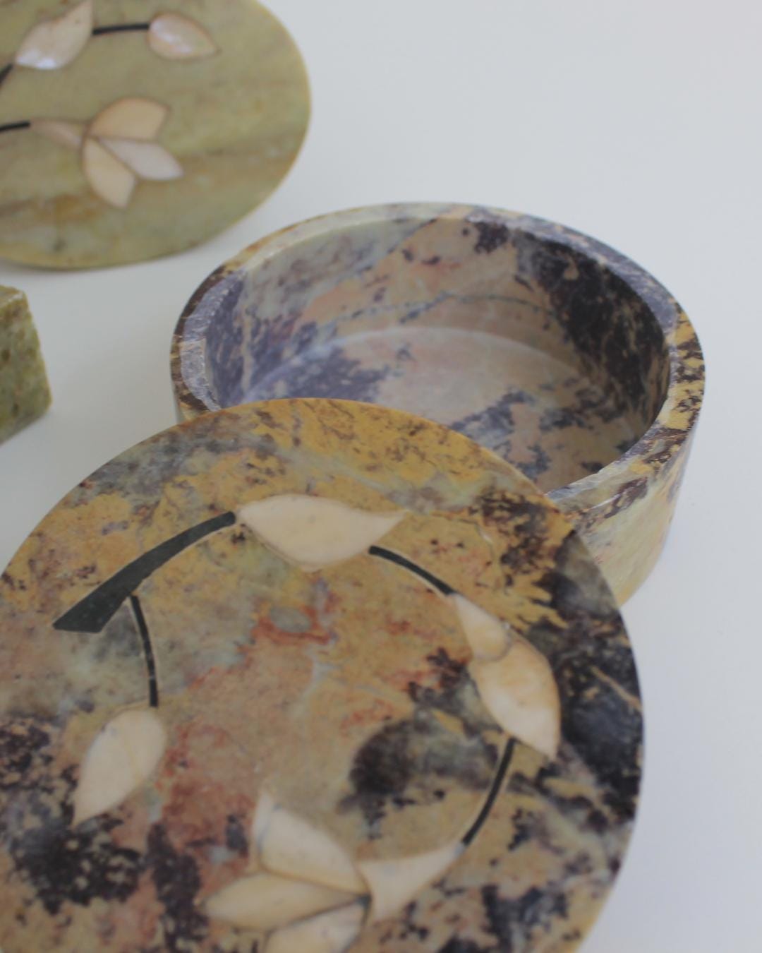 Set of 3 Indian Soapstone Trinket Boxes with Floral Inlay - The Estate