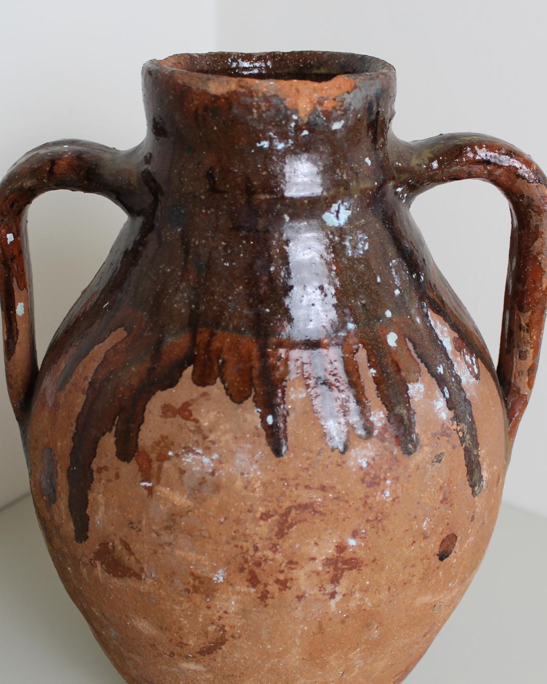 Spanish Terracotta Olive Jar with Manganese Drip Glaze – Antique Two-Handled Amphora, 35 cm Rustic F - The Estate