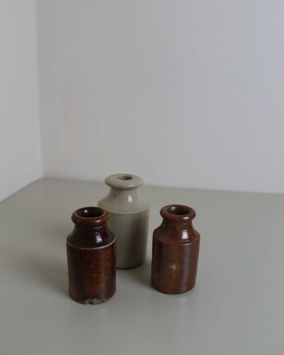 Set of 3 Antique Stoneware Ink Bottles – Rustic English Glazed Mini Jars, 19th–20th C - The Estate