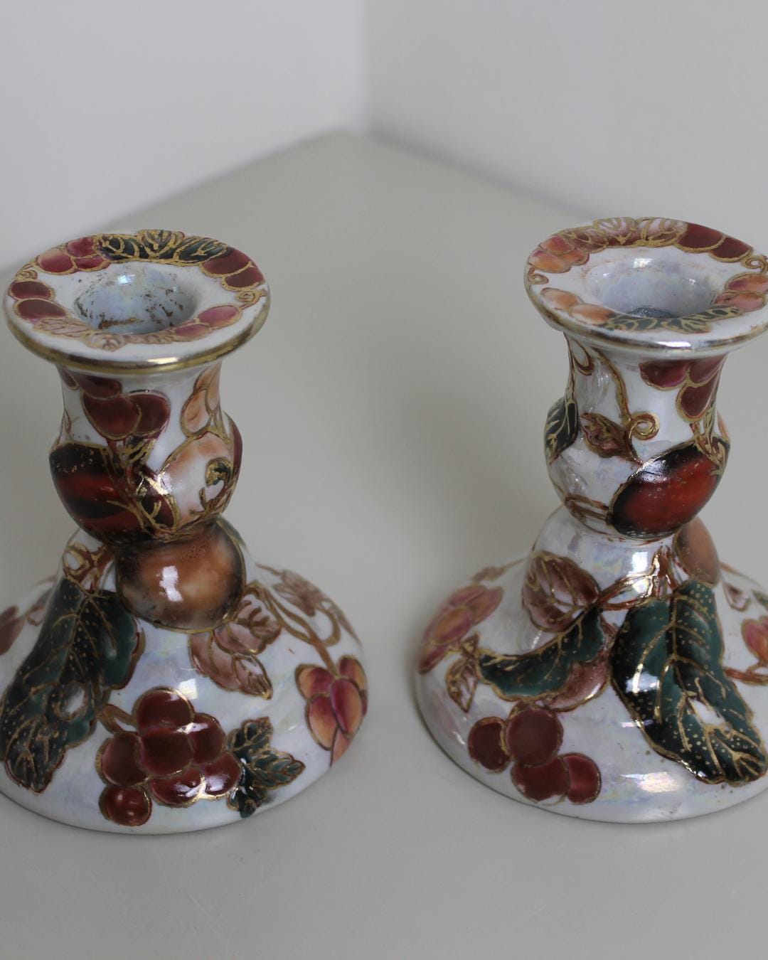 Kutani Japanese Lustreware Candlesticks – Hand-Painted Plum & Gold Enamel Pair, 1950s, 10 cm - The Estate