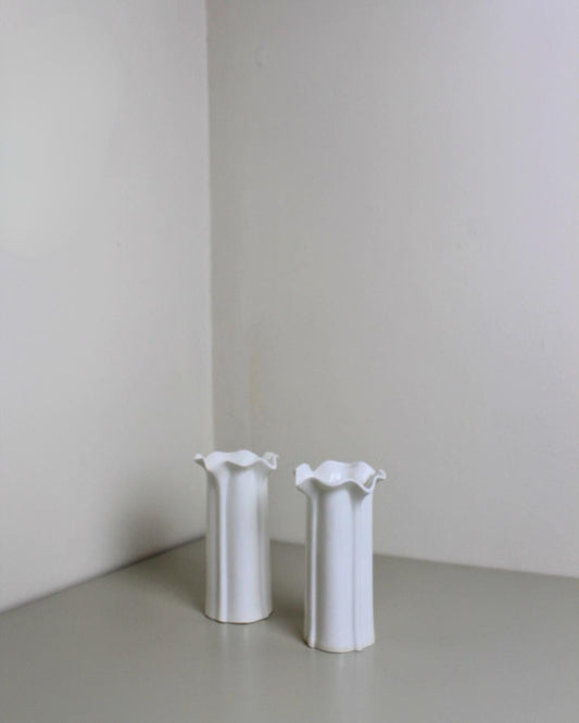 Pair of Mid-Century Bone China Bud Vases with Fluted Sides & Ruffled Rim, White - The Estate