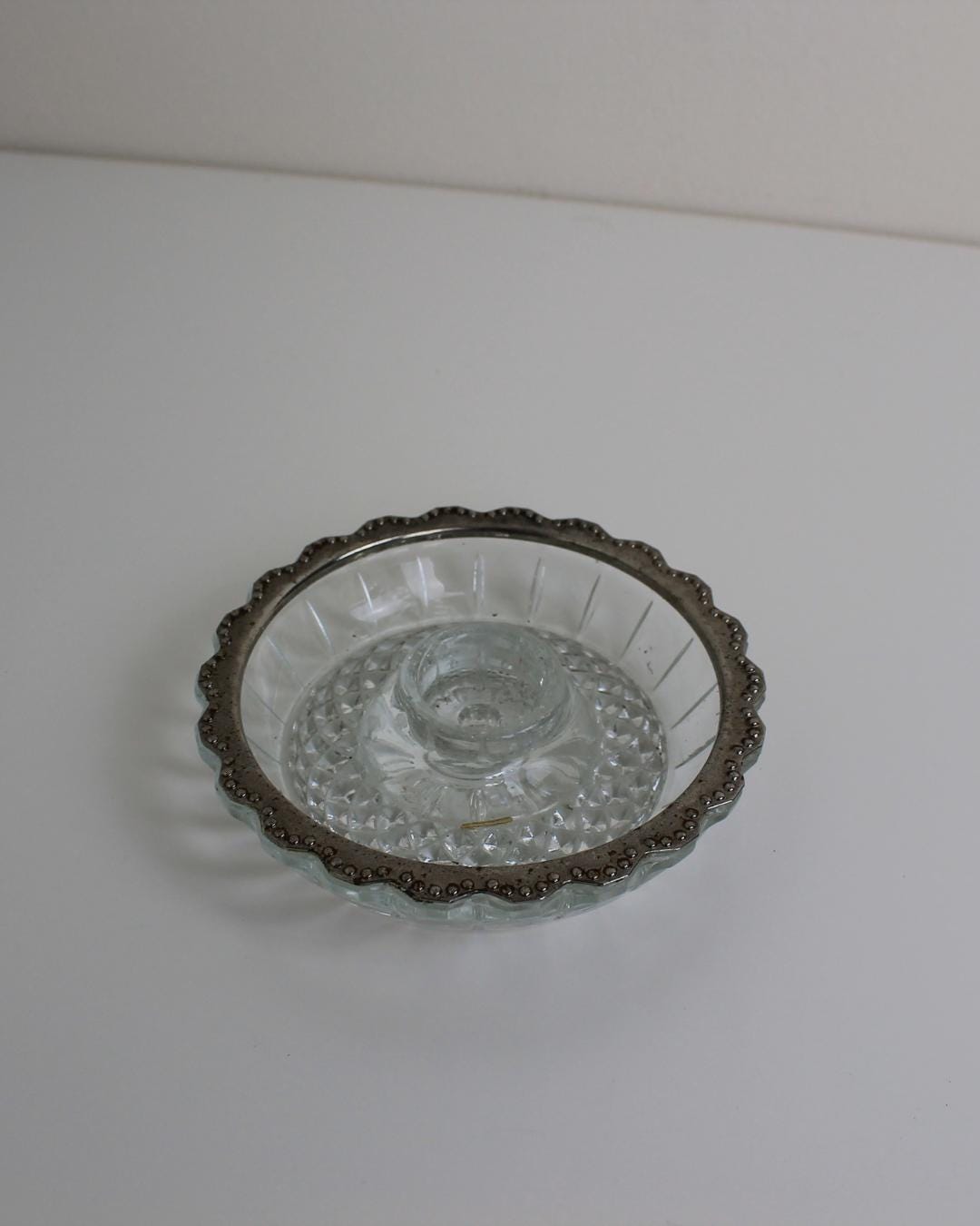 Pressed Glass Candleholder with Scalloped Metal Rim – Mid-Century - The Estate