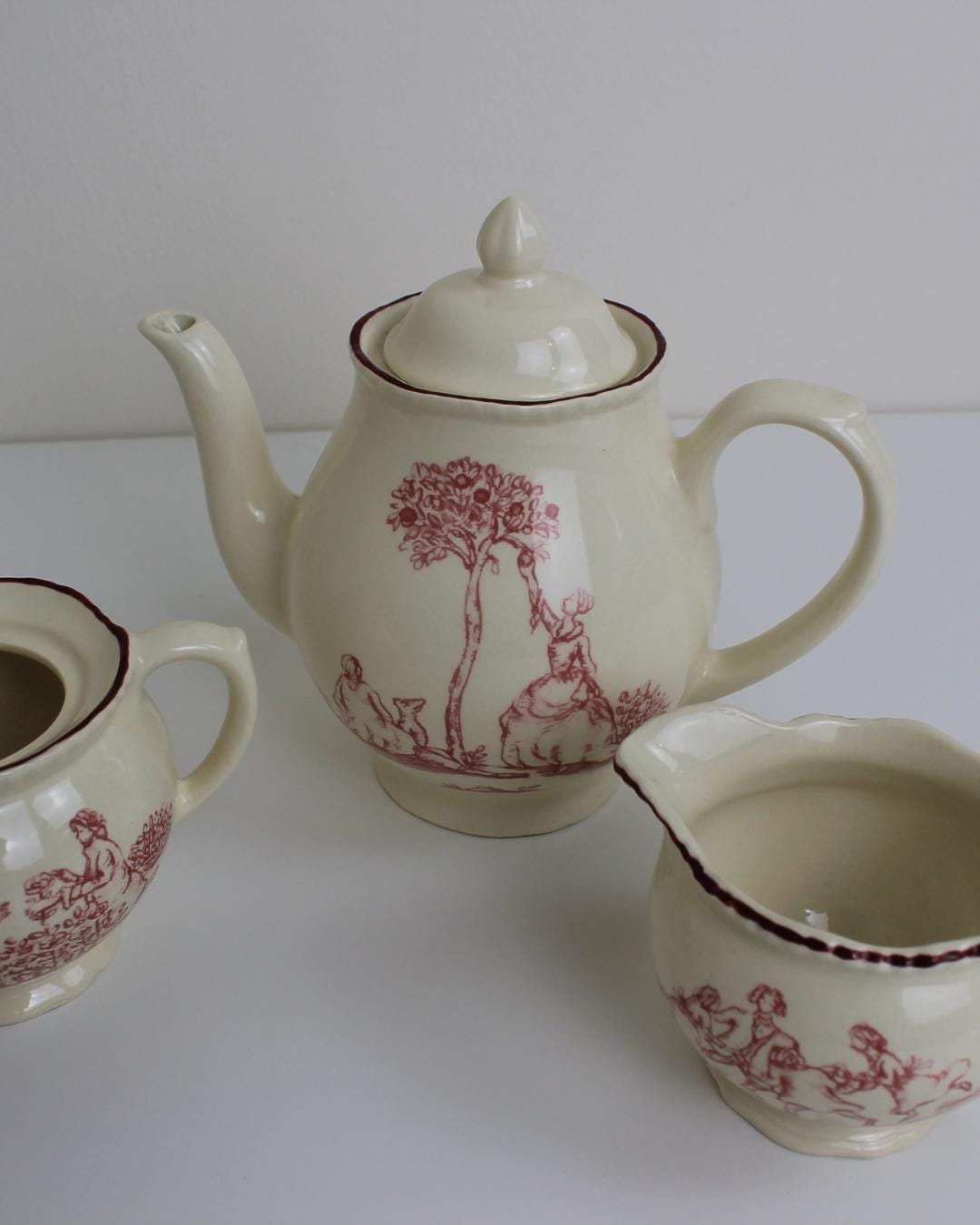 Staffordshire Potteries Red Transferware Teapot, Jug & Sugar Bowl Set – Mid-Century English - The Estate