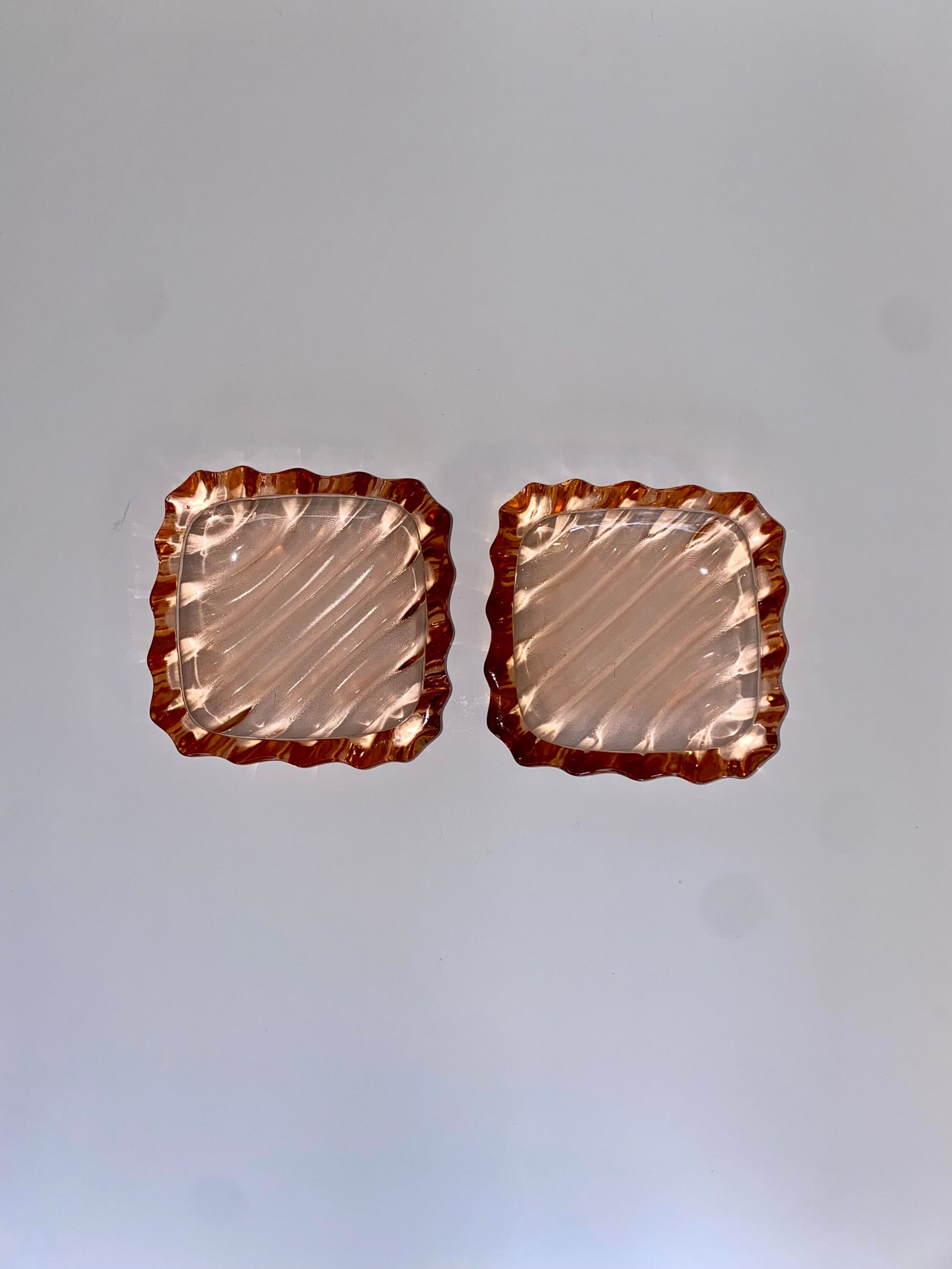 Pair of Pink Pressed Glass Trinket Dishes with Scalloped Edges, Art Deco Style - The Estate